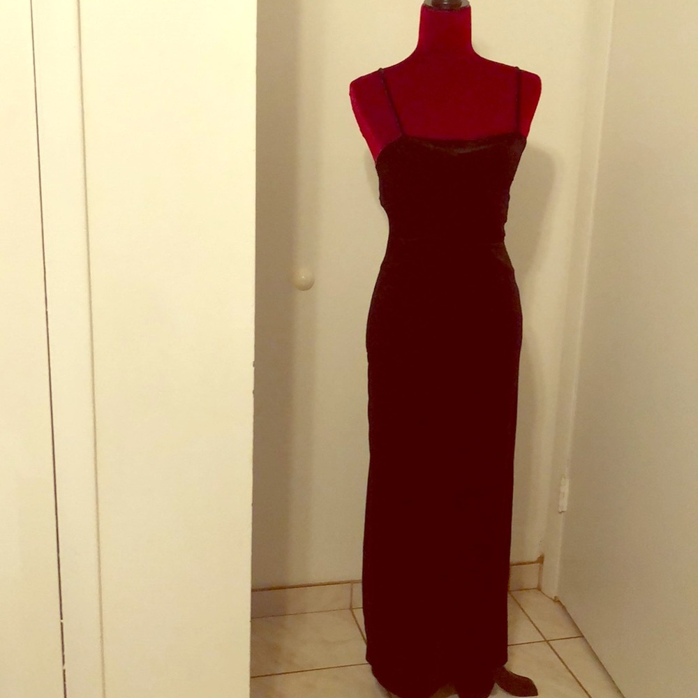 Black velvet spandex dress with left side split